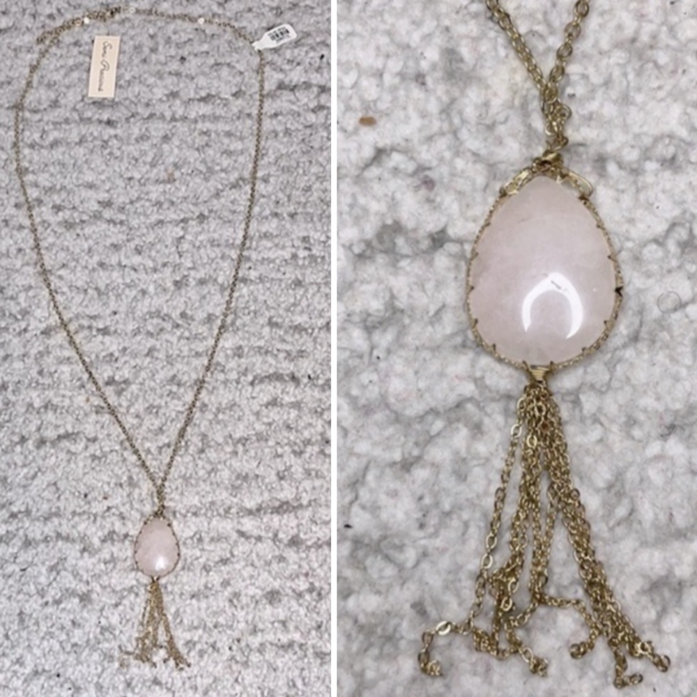 NWT Teardrop Semi-precious Pink Stone Tassel Necklace